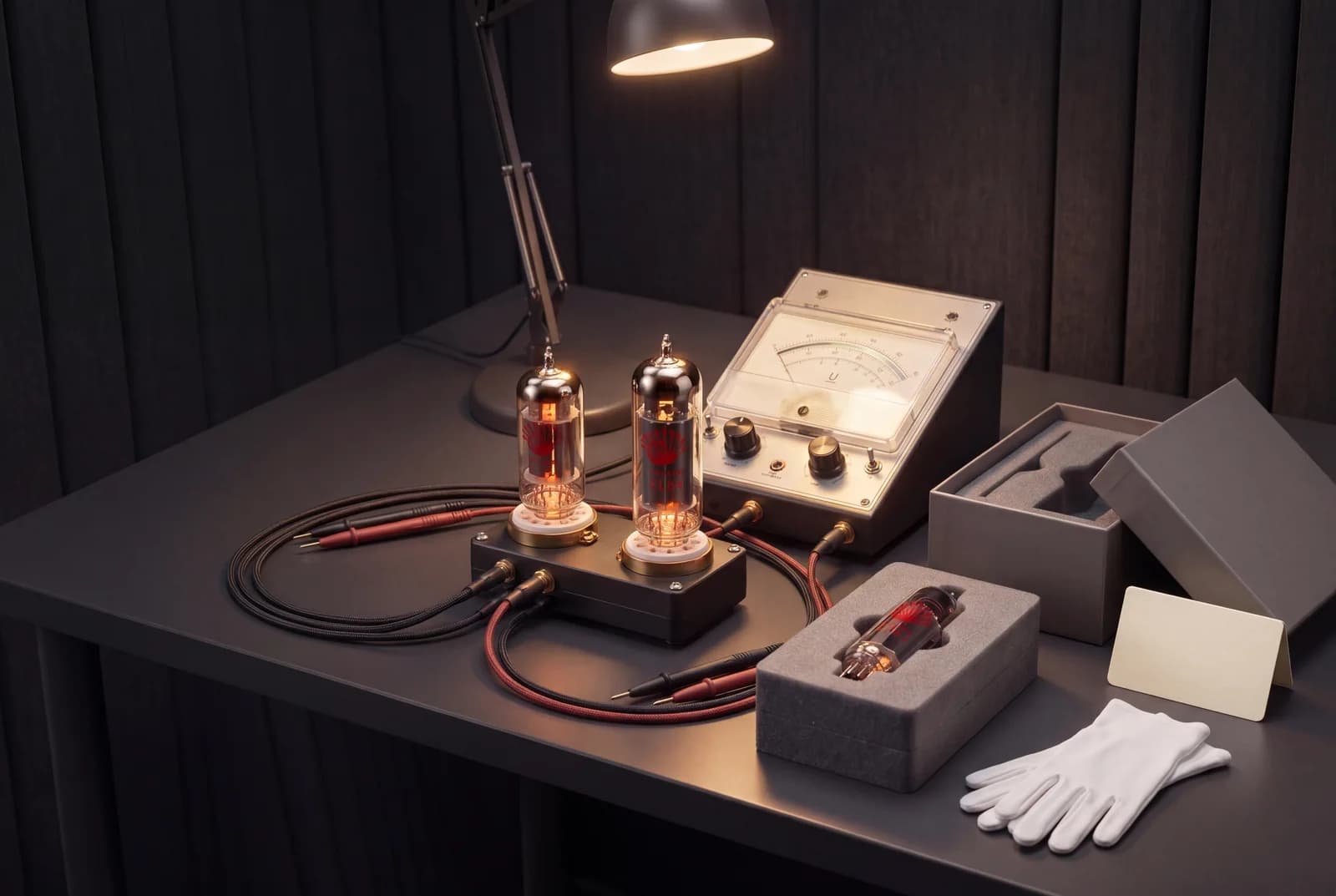 Vacuum tubes being tested and packed on a quality-control workbench